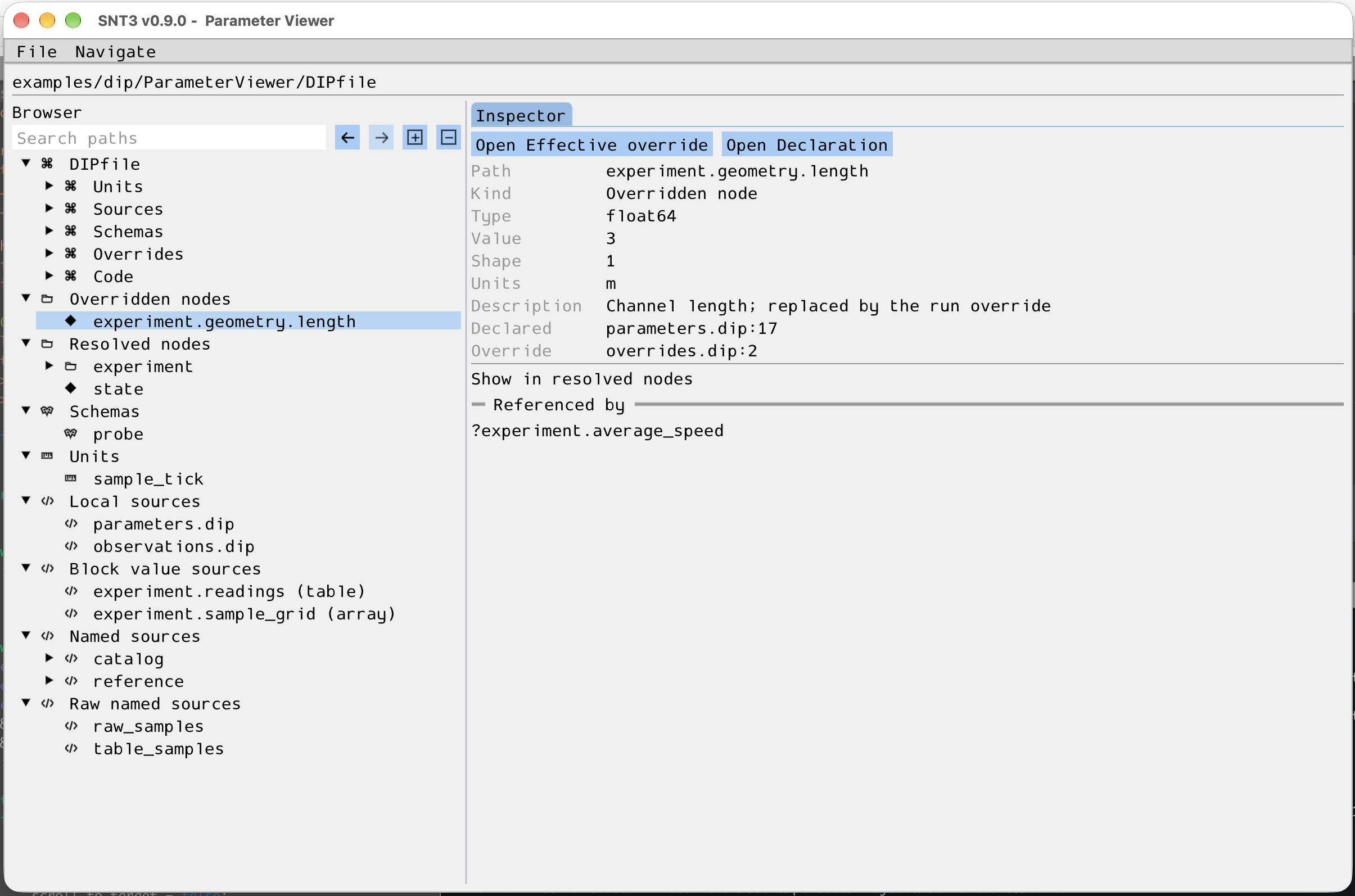 Parameter Viewer showing the Overridden nodes branch with experiment.geometry.length selected, its value of 3 m, and links to its declaration and override.
