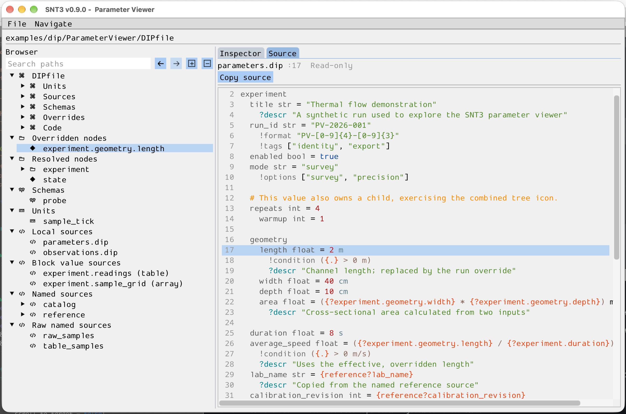 Parameter Viewer Source tab showing syntax-highlighted parameters.dip with the length declaration selected at line 17.